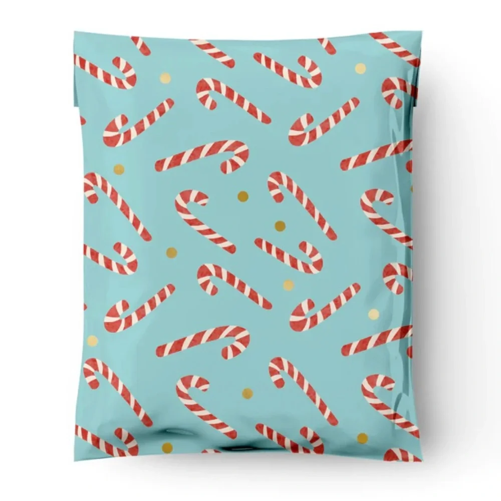 25 10X13 Poly Mailers Candy Canes Gold Dots, Shipping Envelopes PRICE IS FIRM - Picture 2 of 6